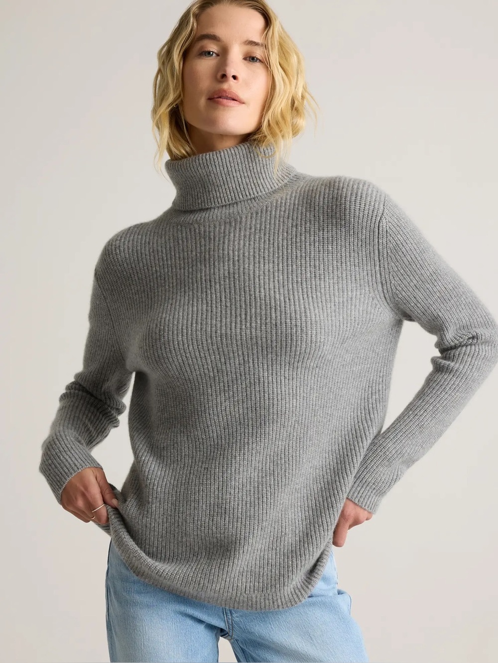 Quince 100% Mongolian Cashmere Fisherman Turtleneck Sweater - Gray - Size Large